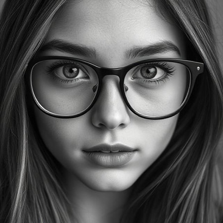 Black and white portrait of beautiful young woman with long hair wearing glassesの素材