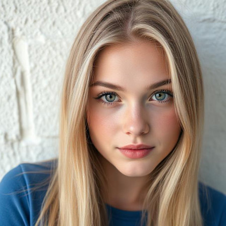 Portrait of a beautiful young woman with long blond hair and blue eyesの素材