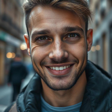 Close up portrait of a handsome young man smiling outdoors in the cityの素材