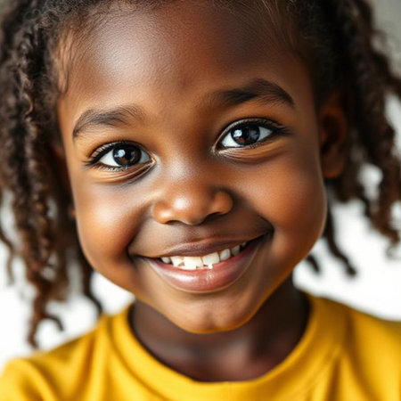 Portrait of a cute little African American girl smiling at cameraの素材