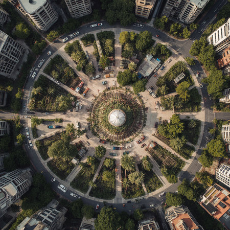 Aerial city view with crossroads and roads, houses, buildings, parks and parking lotsの素材