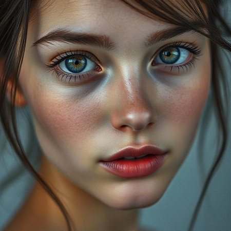Close-up portrait of a beautiful young woman with blue eyes.の素材