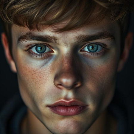 Close-up portrait of a young man with blue eyes. Studio shot.の素材