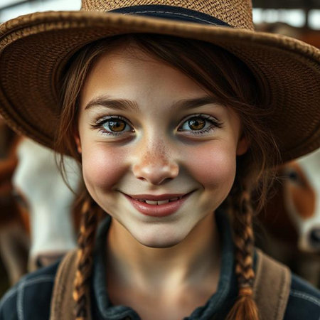 Portrait of a cute little girl with pigtails in a hatの素材