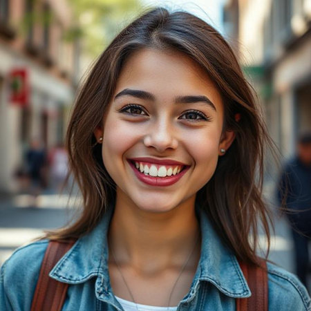 Close up portrait of a smiling young woman with backpack in the cityの素材