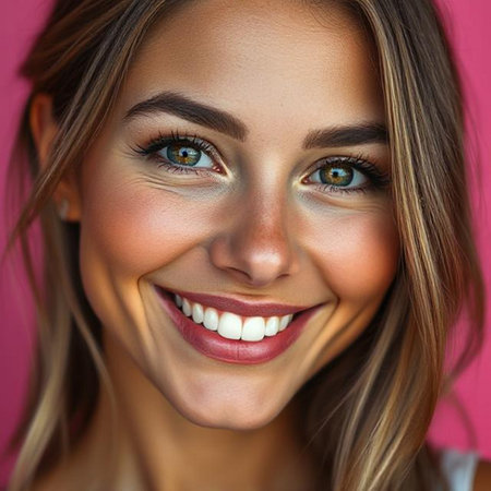 Close up portrait of smiling woman with perfect skin and makeup on pink backgroundの素材