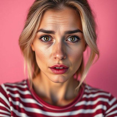 Portrait of a beautiful young blonde woman in a striped shirt on a pink backgroundの素材