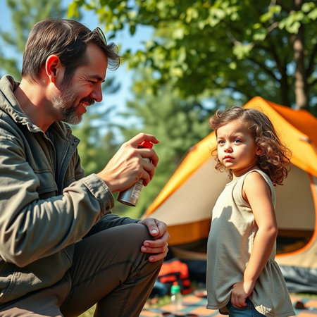 Father and daughter drinking water from plastic bottle while camping in nature.の素材