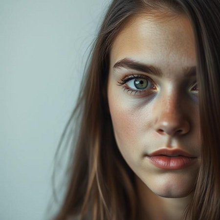 Close up portrait of a beautiful young girl with green eyes and brown hairの素材