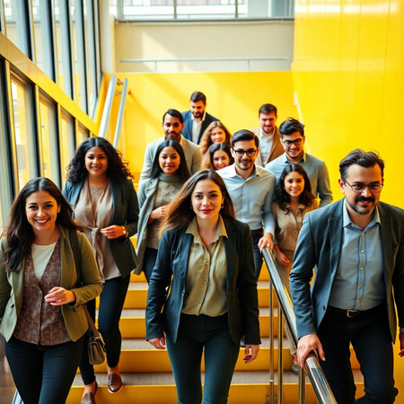 Group of happy business people walking down the stairs in office building.の素材
