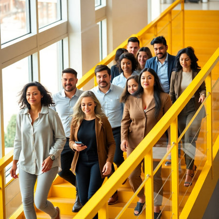 Group of business people standing on stairs and looking at camera in officeの素材