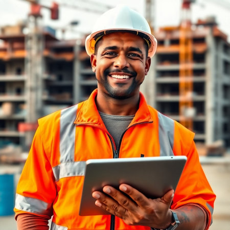 portrait of African American builder in helmet with tablet pcの素材