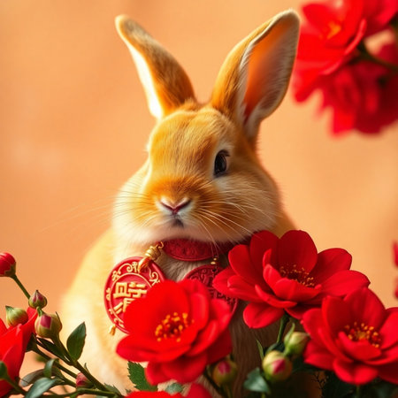 Easter bunny and red flowers on a brown background, close-upの素材
