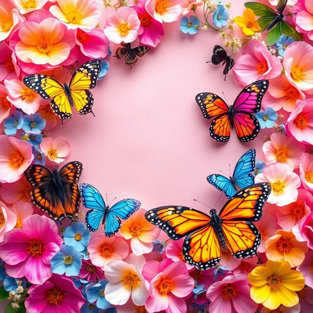 Frame made of colorful flowers and butterflies on pink background. Flat lay, top view.の素材