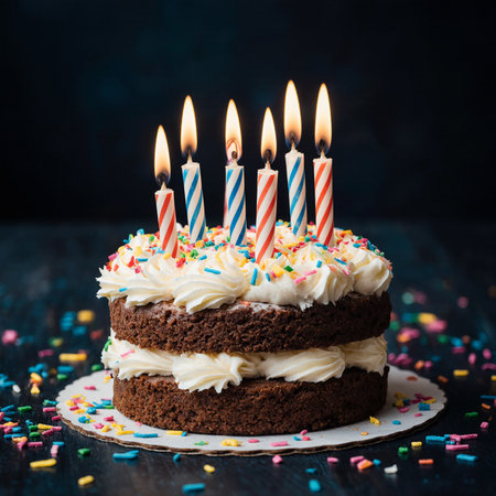 Birthday cake with candles and colorful sprinkles on dark wooden backgroundの素材