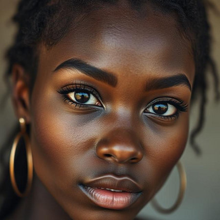 Closeup portrait of a beautiful African American woman with brown eyesの素材
