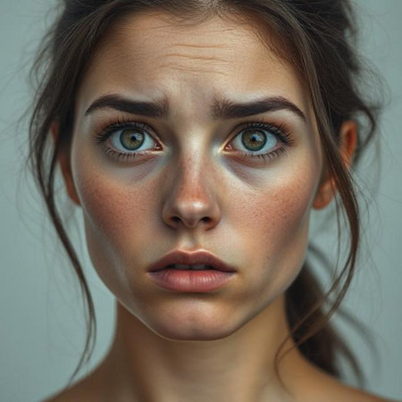 Portrait of beautiful young woman with green eyes looking at camera.の素材