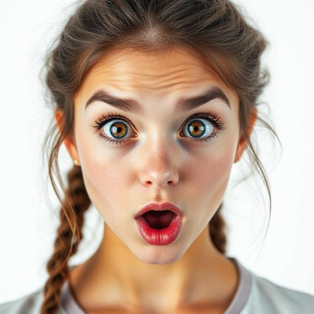 Close up portrait of young surprised woman face. Isolated white background.の素材