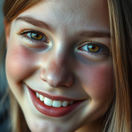 Close-up portrait of a beautiful young girl with green eyes.の素材