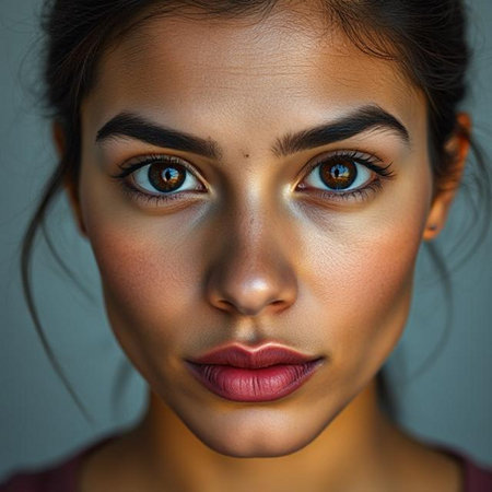 Close up portrait of a beautiful woman with blue eyes looking at cameraの素材