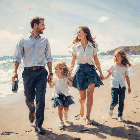 Happy family running on the beach. People having fun on summer vacation.の素材