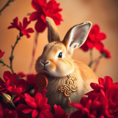 Easter bunny with red flowers. Festive background with copy space.の素材