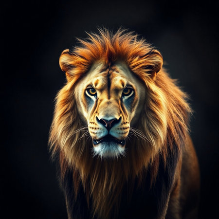 Portrait of a lion on a dark background. Animal portrait.の素材