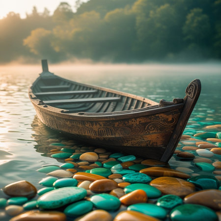 Foggy morning on the lake with wooden boat and stones.の素材