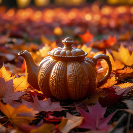 Autumn still life with teapot and maple leaves in the parkの素材