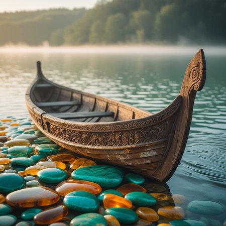 Wooden boat on the lake with stones in the morning fog.の素材