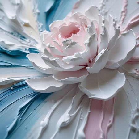 close up of a white flower with blue and pink paint on itの素材