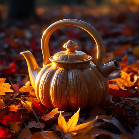 Autumn still life with teapot and maple leaves on a background.の素材