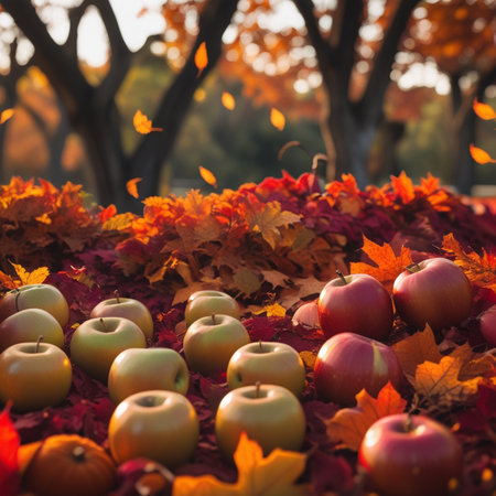 Autumn still life with apples and leaves on the ground in the parkの素材