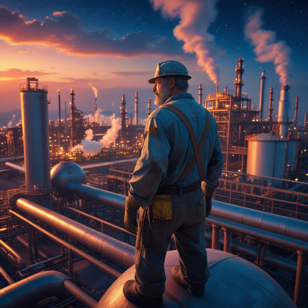 Industrial worker standing in front of oil refinery at dawn. This is a 3d render illustrationの素材
