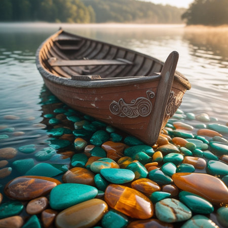 Wooden boat on the shore of a lake with pebblesの素材