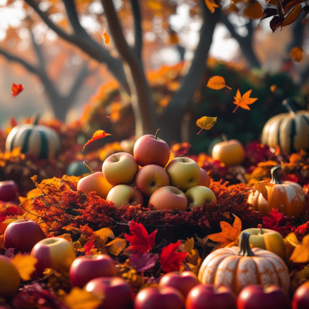 Autumn still life with pumpkins, apples and fall leaves.の素材