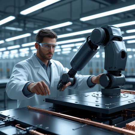 Technician working with robotic arm in factory. Future technology concept. 3D Renderingの素材