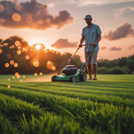 Gardener cutting grass with lawn mower on sunset background.の素材