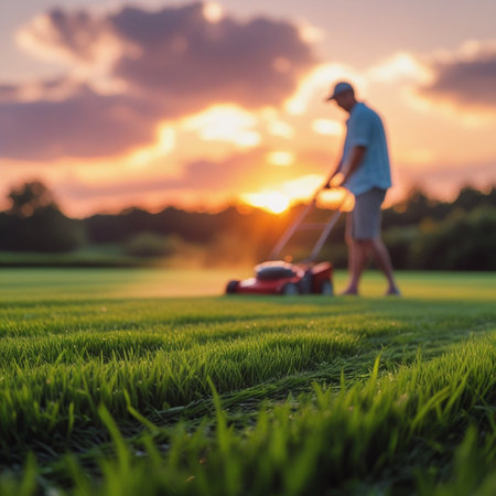 Lawn mower cutting green grass at sunset. Gardening conceptの素材