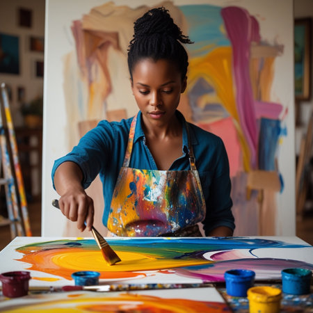 Young african american female artist painting a picture in her studioの素材
