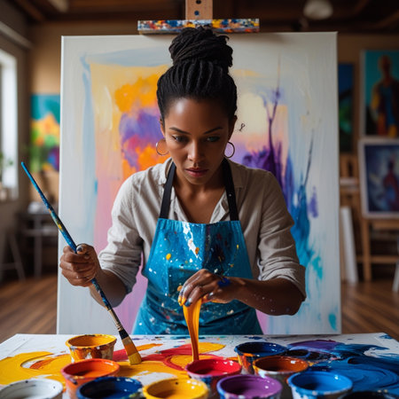 Young african american female artist painting on canvas in art studioの素材