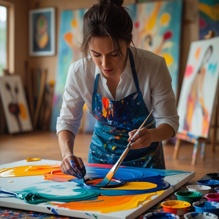 Female artist painting on canvas in her studio. Art and creativity concept.の素材