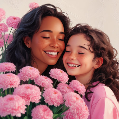 Happy mother and daughter with pink flowers. Mother's day concept.の素材