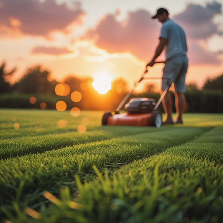 Lawn mower cutting green grass with professional gardener at sunsetの素材