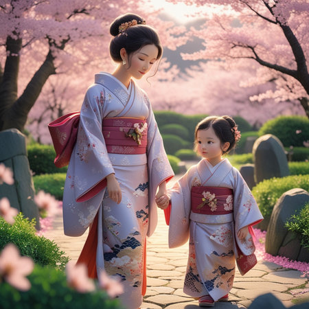 Mother and daughter in kimono with cherry blossom sakuraの素材