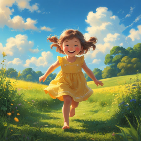 Cute little girl running in the meadow on sunny day.の素材