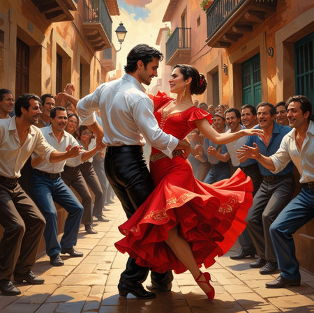 Couple dancing flamenco in the street of the city.の素材