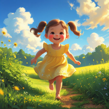 Cute little girl in a yellow dress runs on the meadowの素材