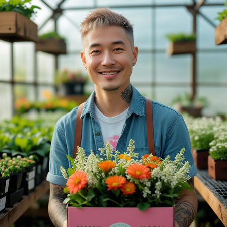 Portrait of young Asian male gardener holding a box of flowers in greenhouseの素材