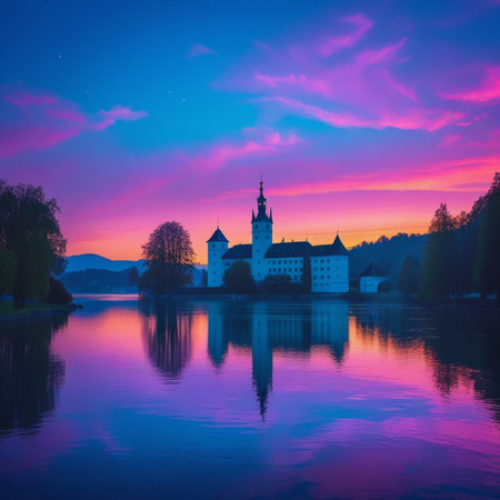 Sunset on lake Bled in Slovenia, Europe. Beautiful landscape with castle on lake.の素材